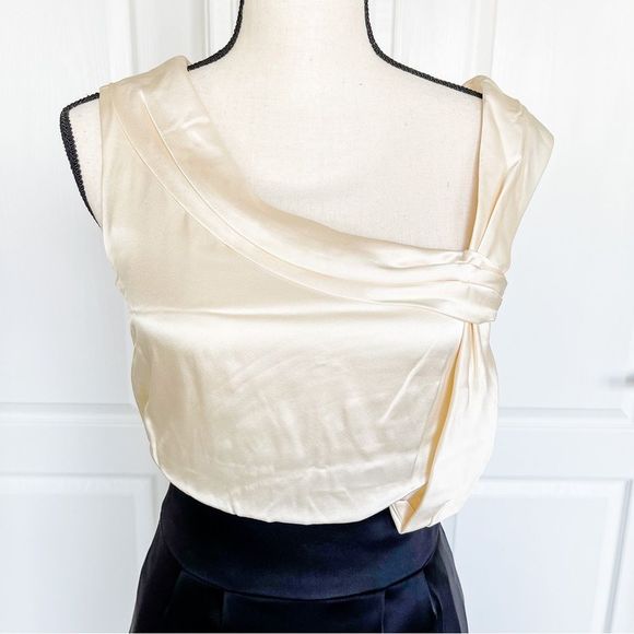 Antonio Melani 0 One Shoulder Cream White Black Contrast Silky Evening Dress - Picture 3 of 15